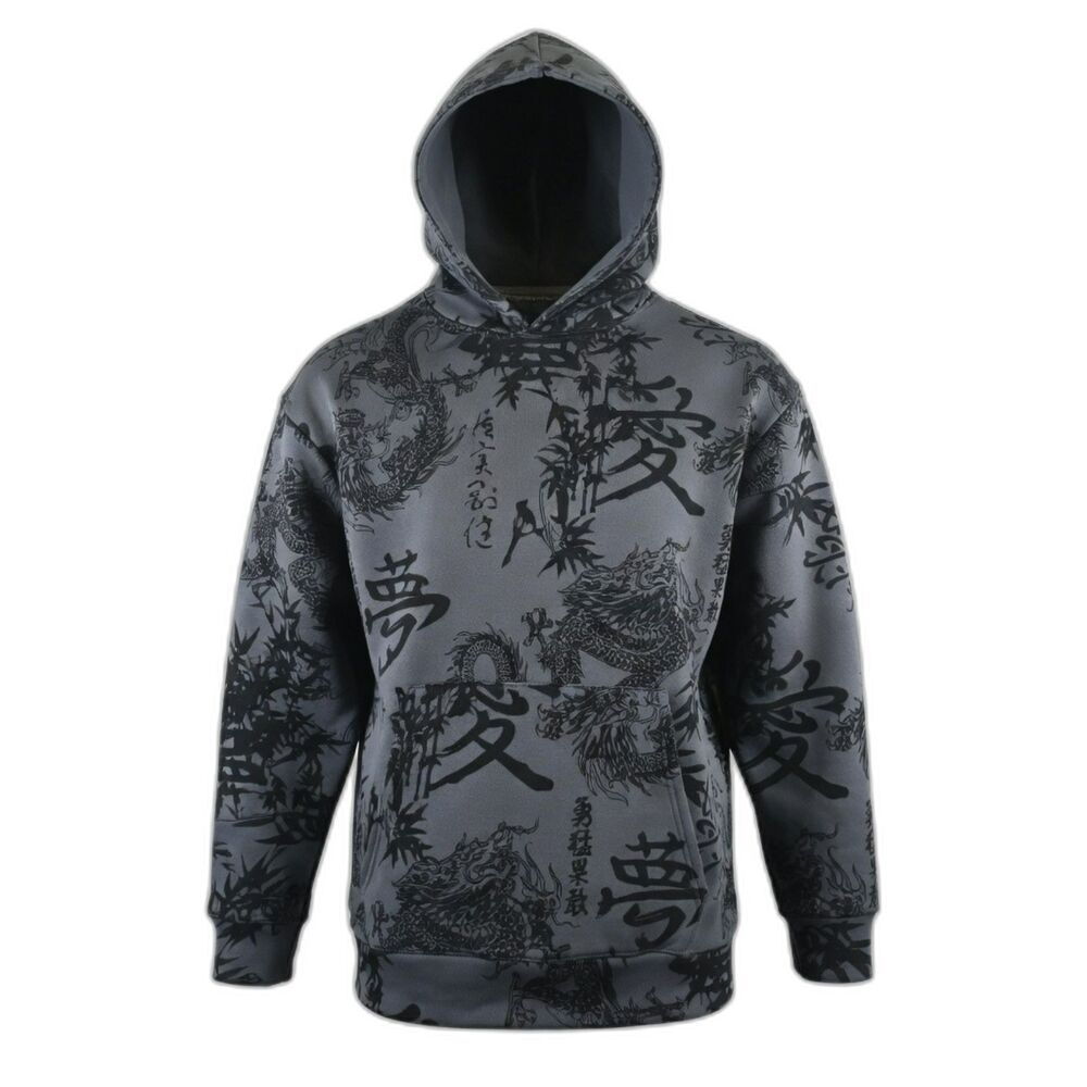 Saints Studio Men’s 3XL Black Pullover Hoodie Subdued Unique Asian Dragons Print